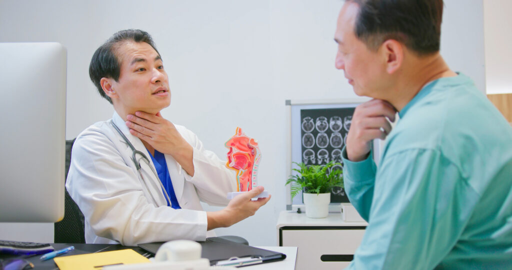 Senior male doctor is showing ENT model and explaining to elderly man patient in hospital